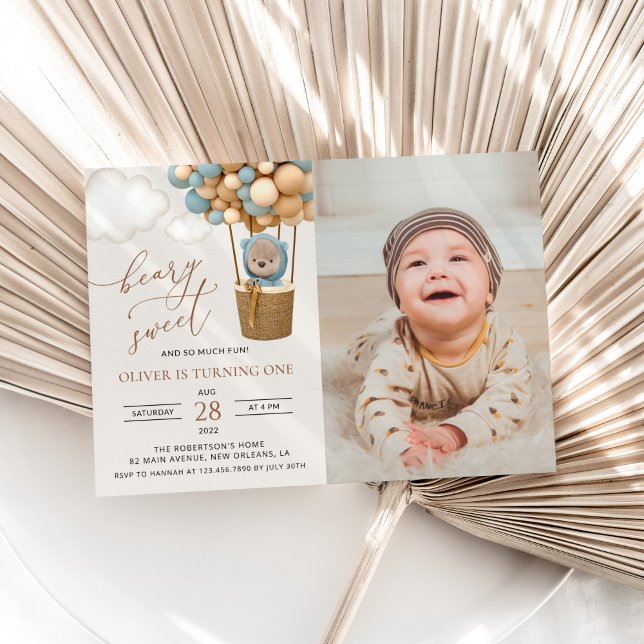 Cute Bear, Blue Balloons, First Birthday Invitation (Creator Uploaded)