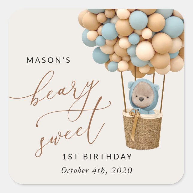 Cute Bear, Blue Balloons, First Birthday Square Sticker (Front)