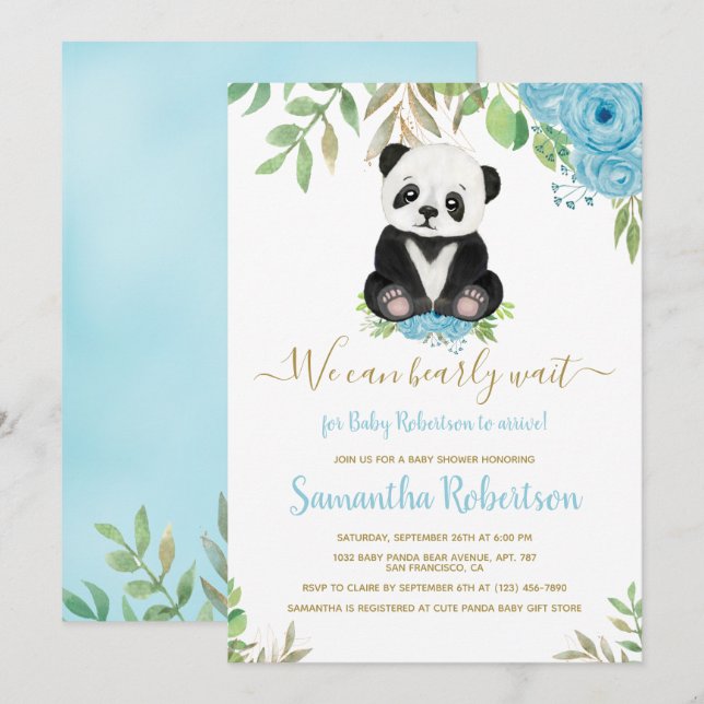 Cute Bear Blue Boy We can Bearly Wait Baby Shower Invitation (Front/Back)