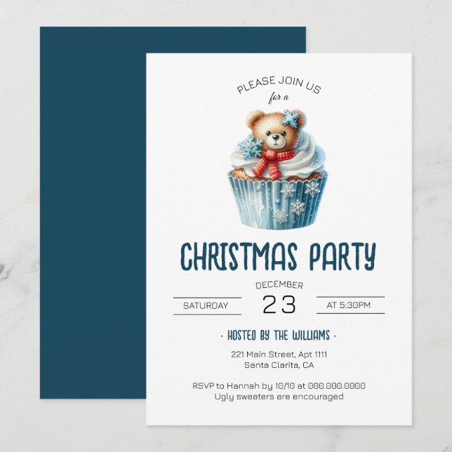 Cute Bear Blue Christmas Party Invitation (Front/Back)