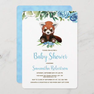 Cute Bear Blue Floral Greenery Baby Shower Invitation