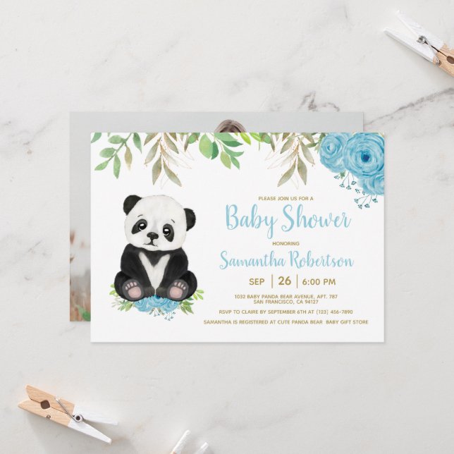 Cute Bear Blue Floral Greenery Baby Shower Photo Invitation (Front/Back In Situ)