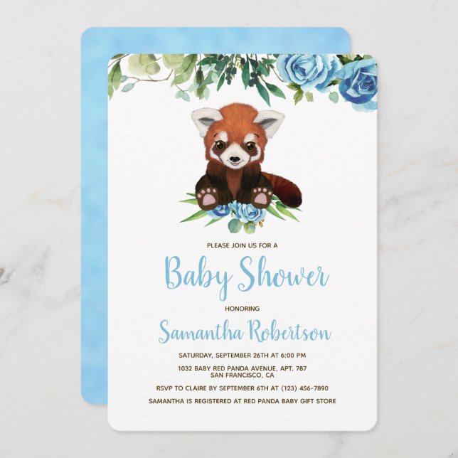 Cute Bear Blue Floral Greenery Boy Baby Shower Invitation (Front/Back)