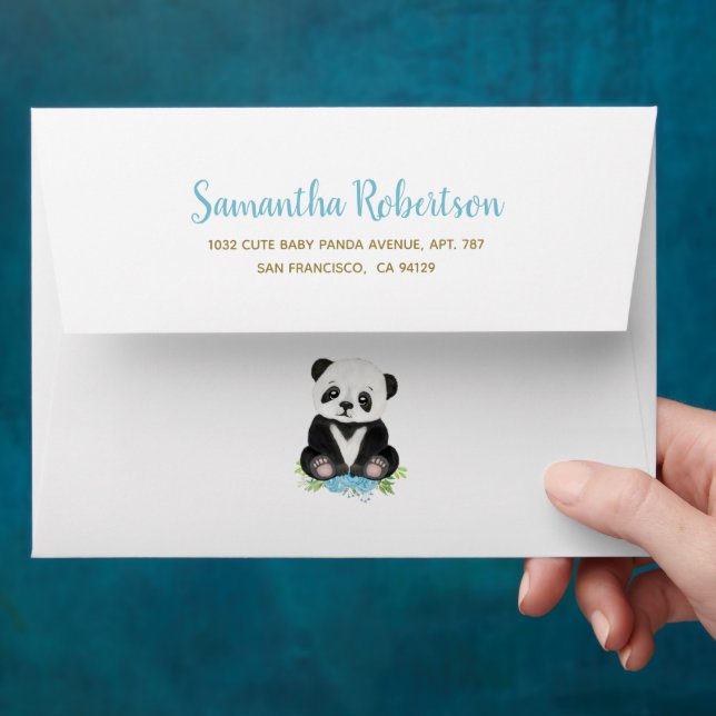 Cute Bear Blue Floral Watercolor Baby Shower Envelope (Hand)