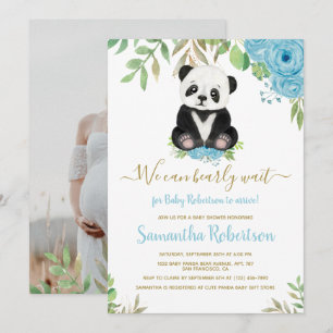 Cute Bear Blue Floral Watercolor Baby Shower Photo Invitation