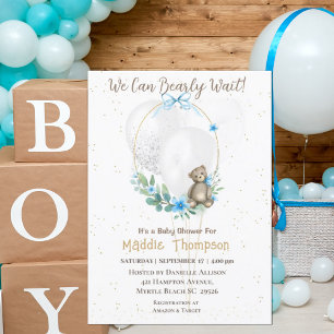 Cute Bear Blue Floral Wreath Boys Baby Shower Inv Invitation