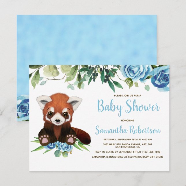 Cute Bear Blue Flowers Greenery Boy Baby Shower Invitation Postcard (Front/Back)