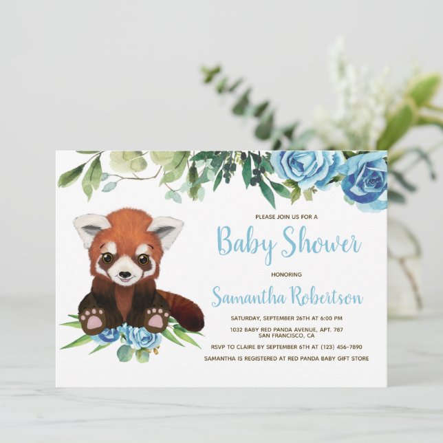 Cute Bear Blue Greenery Floral Boy Baby Shower Invitation (Standing Front)
