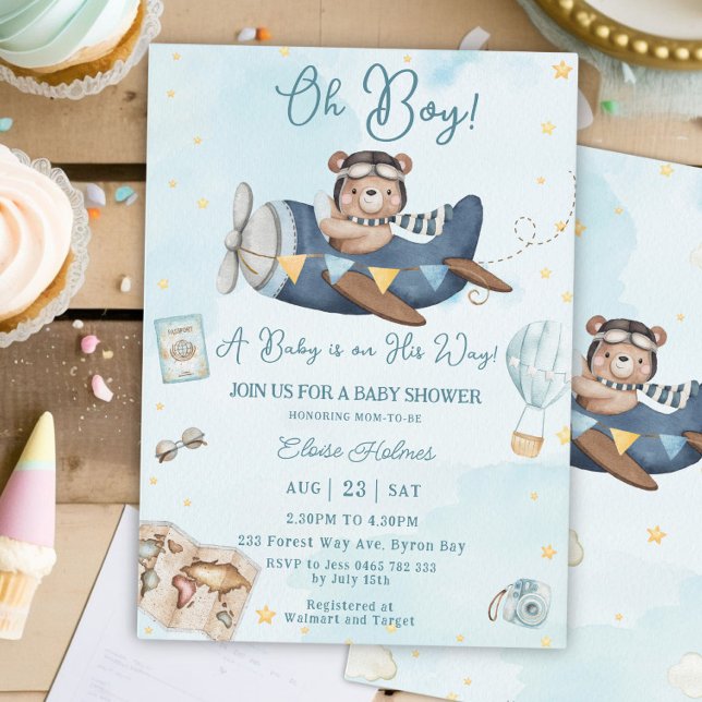 Cute Bear Blue Plane Adventure Oh Boy Baby Shower Invitation (Creator Uploaded)