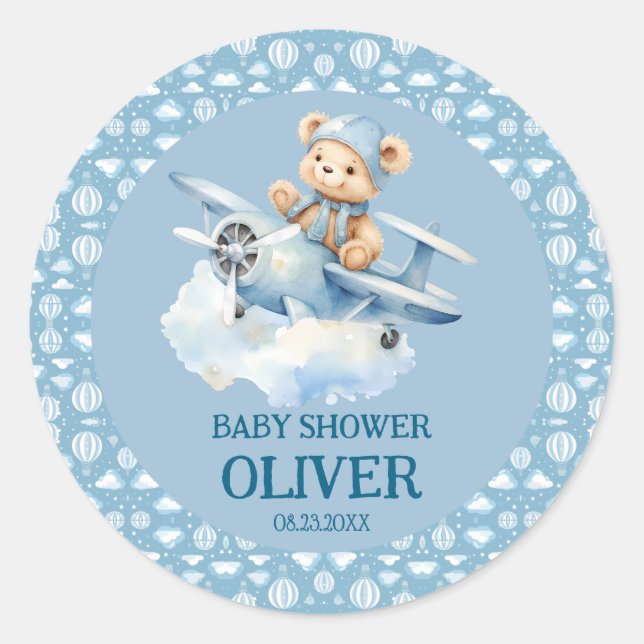 Cute Bear Blue Plane Time Flies One 1st Birthday Classic Round Sticker (Front)