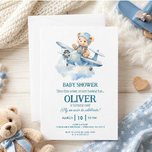 Cute Bear Blue Plane Time Flies One 1st Birthday Invitation