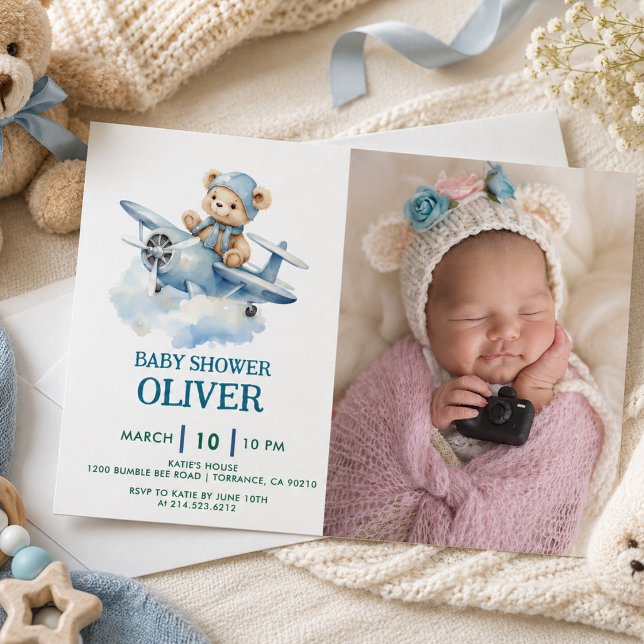 Cute Bear Blue Plane Time Flies One 1st Birthday Invitation (Cute Bear Blue Plane Time Flies One 1st Birthday Invitation)