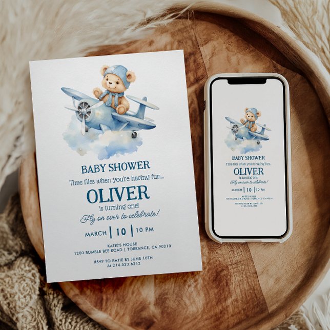 Cute Bear Blue Plane Time Flies One 1st Birthday Invitation (Creator Uploaded)