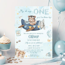 Cute Bear Blue Plane Time Flies One 1st Birthday