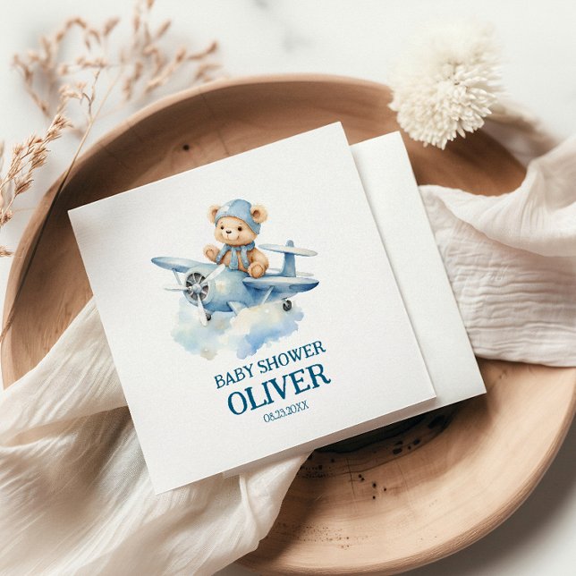 Cute Bear Blue Plane Time Flies One 1st Birthday Napkin (Creator Uploaded)