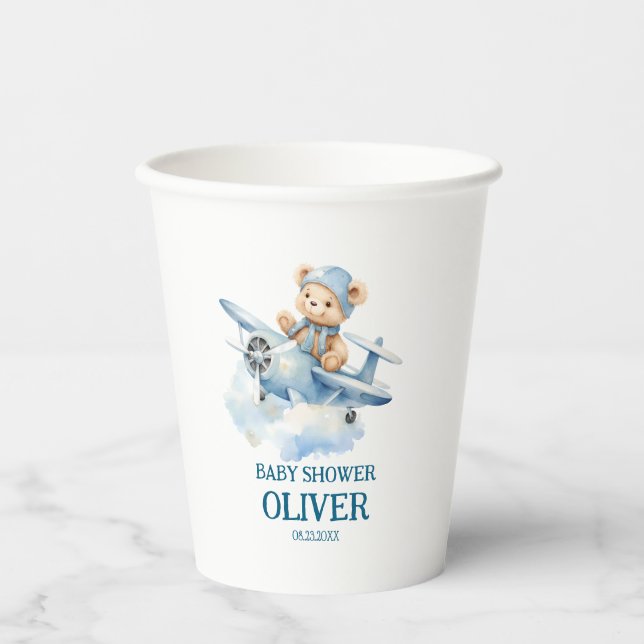 Cute Bear Blue Plane Time Flies One 1st Birthday Paper Cups (Front)