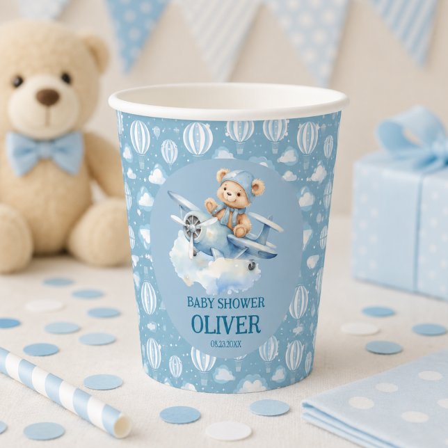 Cute Bear Blue Plane Time Flies One 1st Birthday Paper Cups (Cute Bear Blue Plane Time Flies One 1st Birthday Paper Cups)