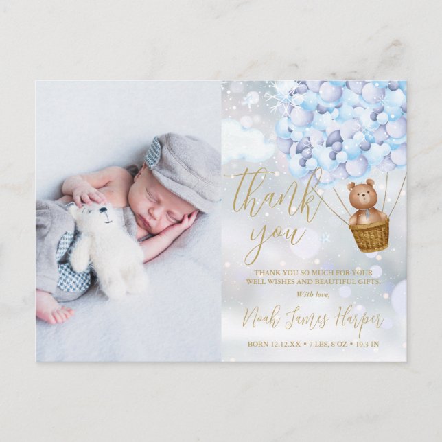 Cute Bear Blue Thank You Winter Baby Photo Birth Announcement Postcard (Front)