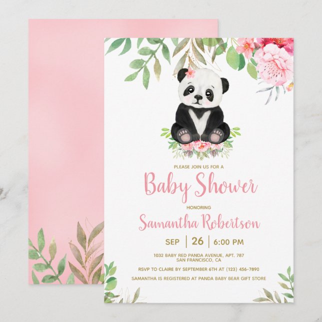Cute Bear Blush Pink Floral Girl Baby Shower Invitation (Front/Back)