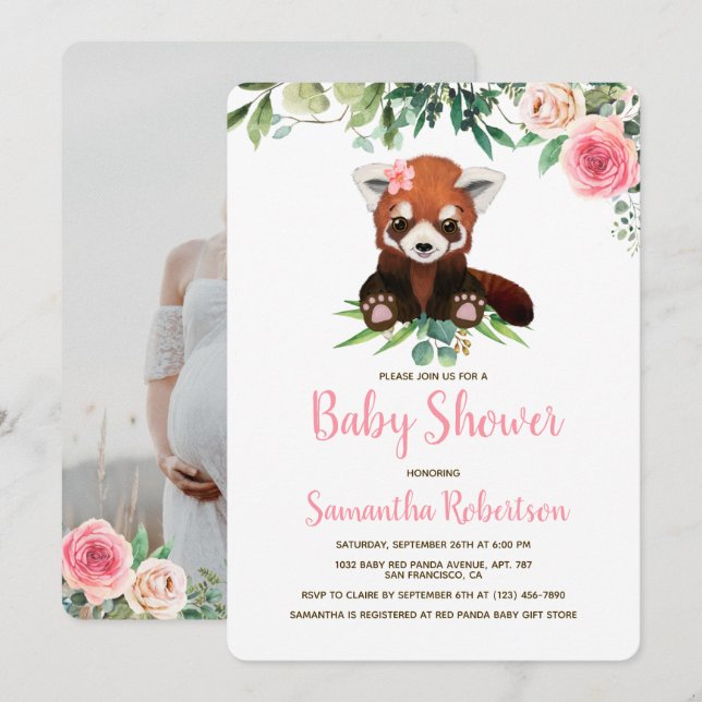 Cute Bear Blush Pink Floral Girl Baby Shower Photo Invitation (Front/Back)