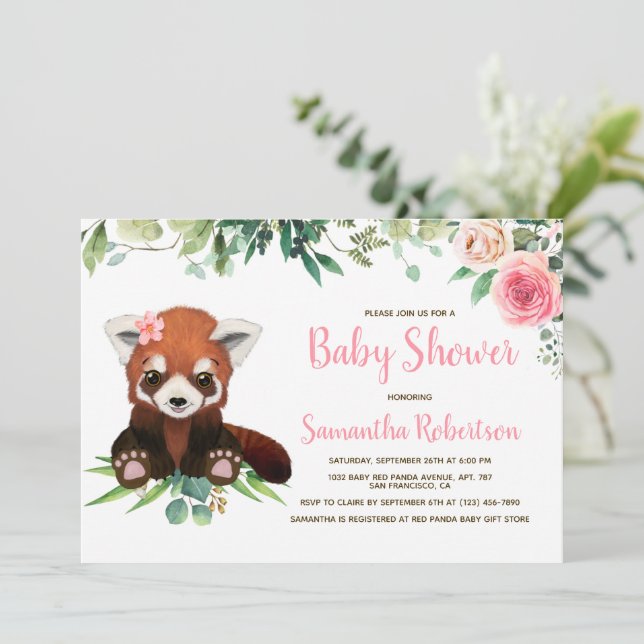 Cute Bear Blush Pink Floral Girl Baby Shower Photo Invitation (Standing Front)