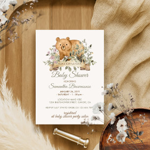 Cute Bear Botanical Ribbon Baby Shower Invitation