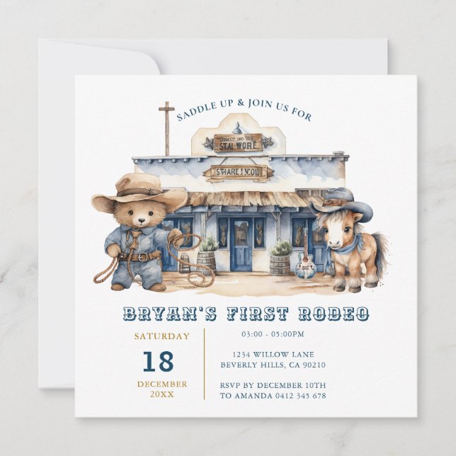 Cute Bear Boy My 1st Rodeo Wild West Birthday Invitation (Front)