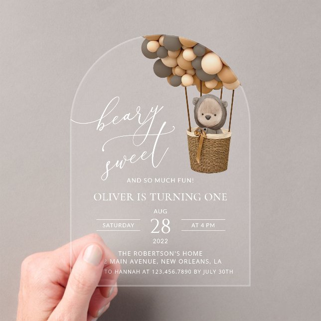Cute Bear, Brown Balloons, First Birthday Acrylic Invitations (Insitu (Handheld))