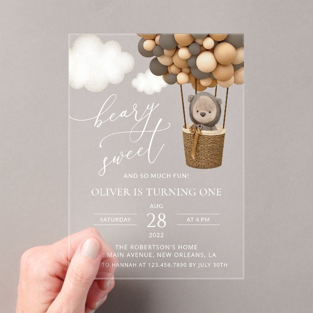 Cute Bear, Brown Balloons, First Birthday Acrylic Invitations (Insitu (Handheld))