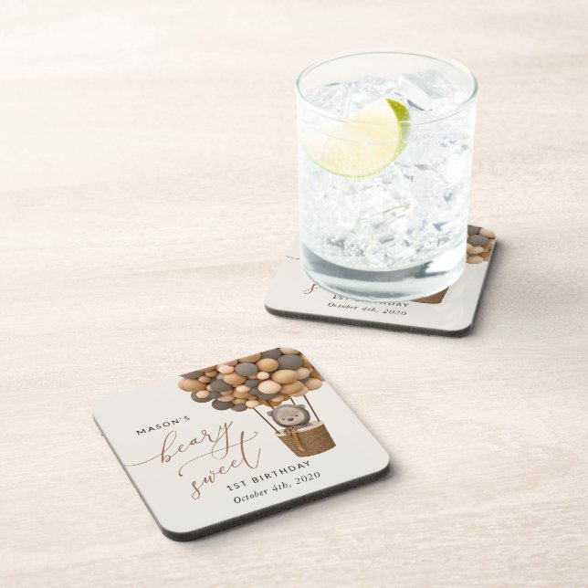 Cute Bear, Brown Balloons, First Birthday Coaster (Right Side)