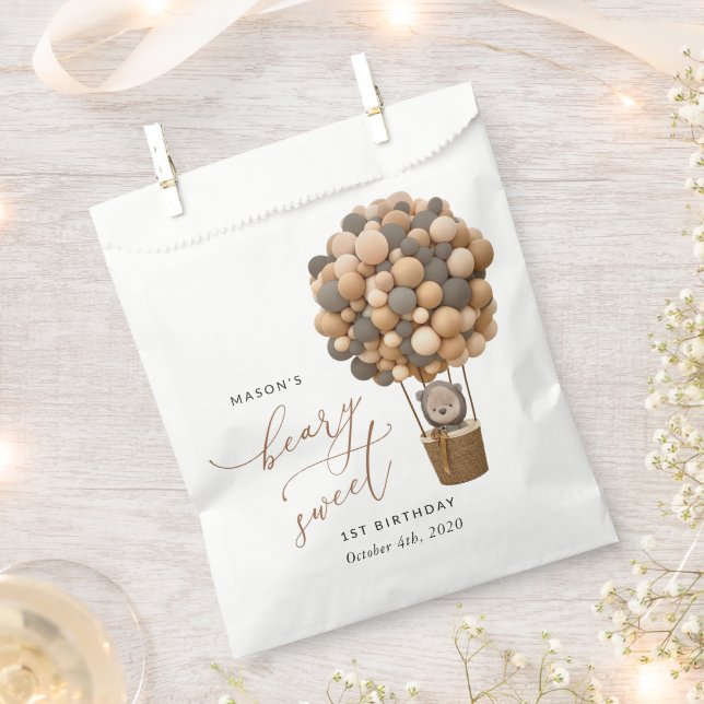 Cute Bear, Brown Balloons, First Birthday Favour Bags (Clipped)