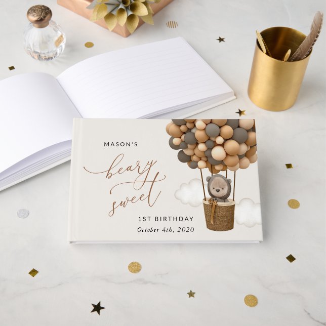 Cute Bear, Brown Balloons, First Birthday Guest Book (Front Open)