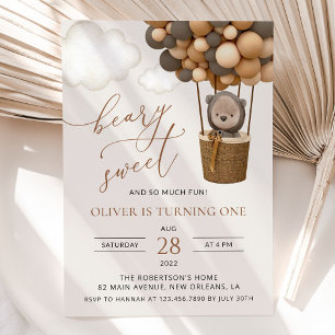 Cute Bear, Brown Balloons, First Birthday Invitation