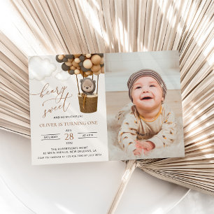 Cute Bear, Brown Balloons, First Birthday Invitation