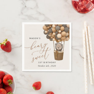 Cute Bear, Brown Balloons, First Birthday Napkin