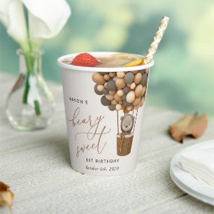 Cute Bear, Brown Balloons, First Birthday Paper Cups