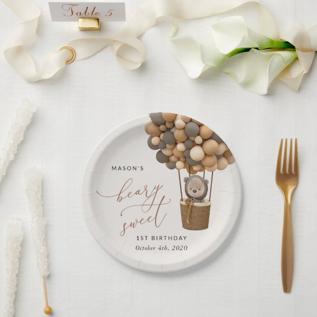 Cute Bear, Brown Balloons, First Birthday Paper Plate (Wedding)