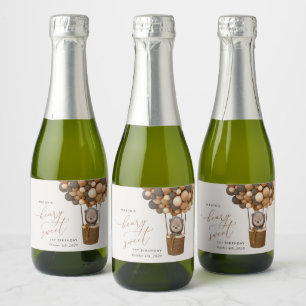 Cute Bear, Brown Balloons, First Birthday Sparkling Wine Label