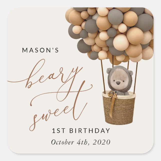 Cute Bear, Brown Balloons, First Birthday Square Sticker (Front)