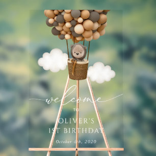 Cute Bear, Brown Balloons, First Birthday Welcome Acrylic Sign