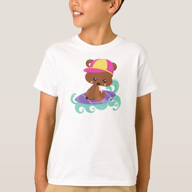 Cute Bear, Brown Bear, Little Bear, Surfing Board T-Shirt (Front)