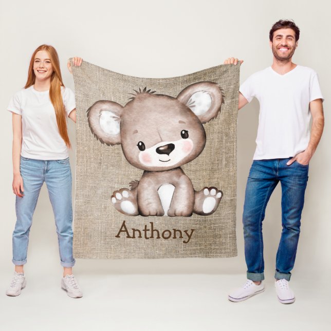 Cute Bear Burlap Rustic Name Watercolor  Fleece Blanket (In Situ)