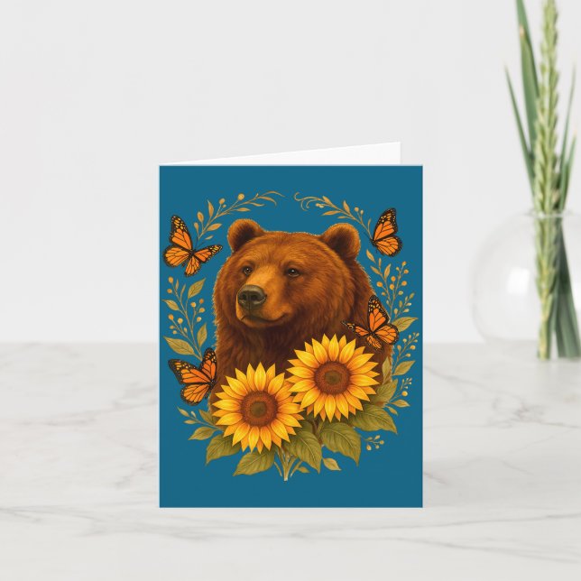 Cute Bear Butterfly Nature Rustic Sunflower Monarc Card (Front)