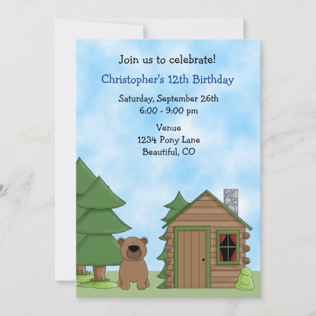 Cute Bear & Cabin Birthday Invitation for Boys (Front)