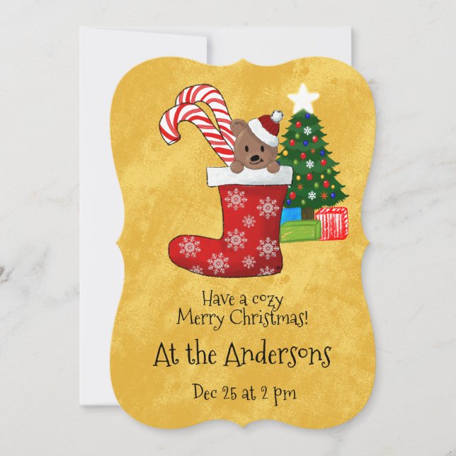 Cute Bear Candy Cane in Christmas Stocking Invitation (Front)