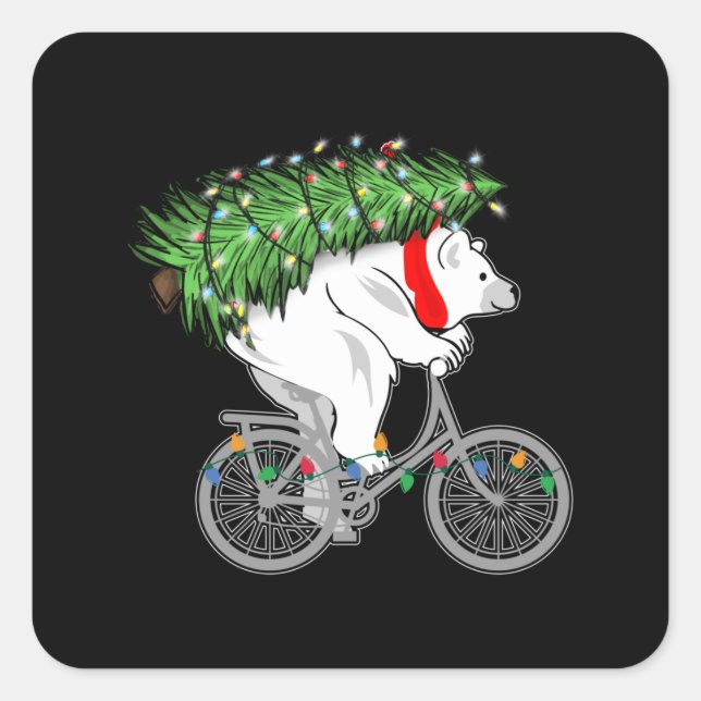 Cute Bear Carrying Christmas Tree Gift For Cyclist Square Sticker (Front)