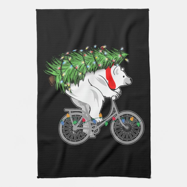 Cute Bear Carrying Christmas Tree Gift For Cyclist Tea Towel (Vertical)
