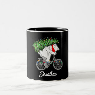 Cute Bear Carrying Christmas Tree Gift For Cyclist Two-Tone Coffee Mug