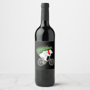 Cute Bear Carrying Christmas Tree Gift For Cyclist Wine Label