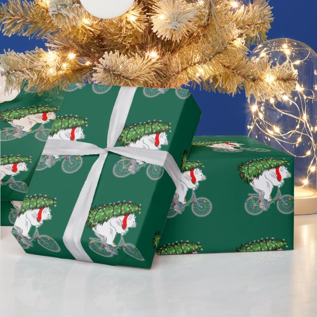 Cute Bear Carrying Christmas Tree Gift For Cyclist Wrapping Paper (Holidays)